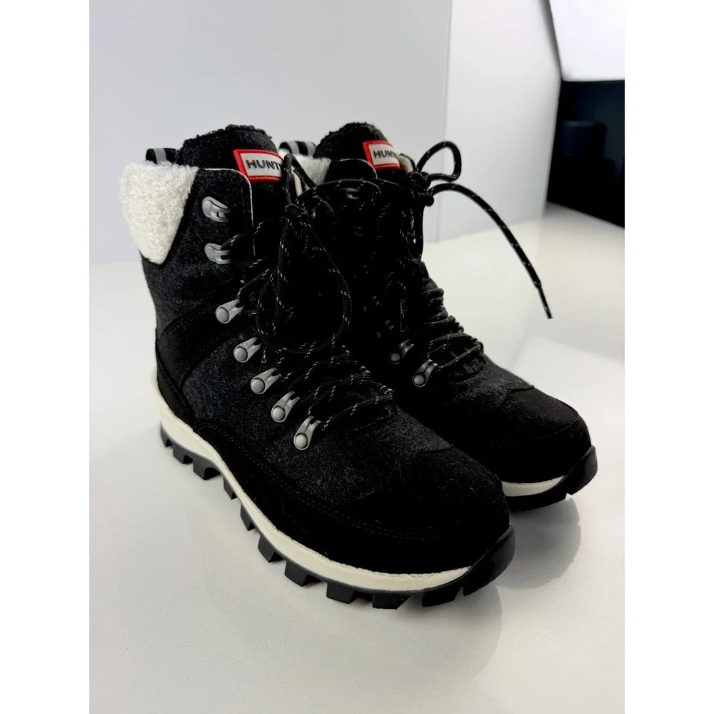 Hunter Womens Black‎ Sherpa Lace Up Hiking Boots Size 7 Winter Waterproof